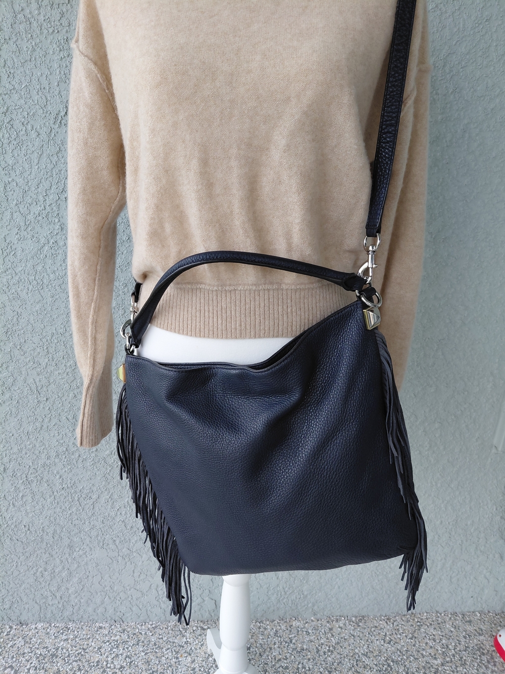 Rebecca Minkoff Navy Blue Genuine Leather Fringe Hobo Crossbody Bag Boho - Picture 2 of 14